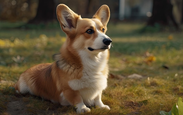 Foto welsh corgi sitzt auf dem gras im park.