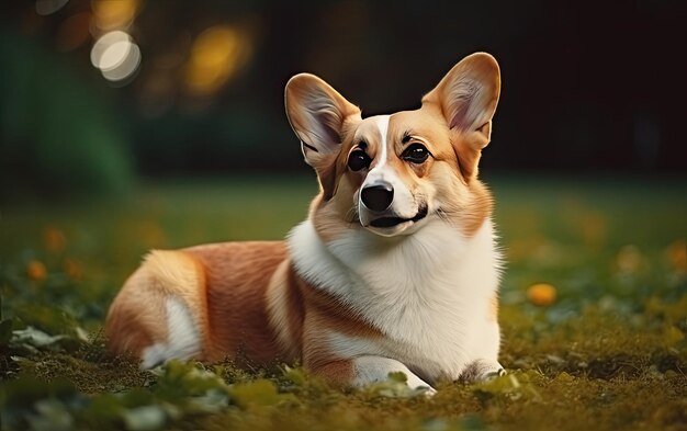 Foto welsh corgi sitzt auf dem gras im park.