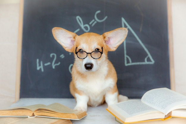 Welsh Corgi Welpen Student mit Brille in der Nähe der Tafel das Konzept der Bildung