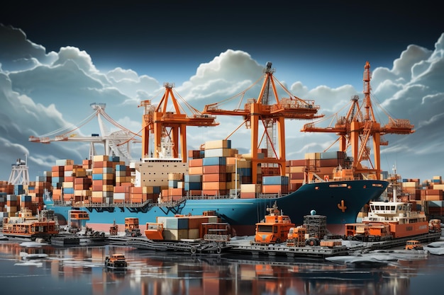 Welt der Schifffahrtstransporte Stellen Sie einen geschäftigen Hafen dar, in dem Frachtschiffe verschiedener Größen und Typen Waren mit Kränen be- und entladen. Generiert mit KI