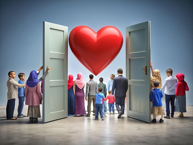 Welt internationale Flüchtlinge Tagespflege Unterstützung Türen sind offen für Flüchtlinge stehen mit ihm und willkommen mit breitem Kopf