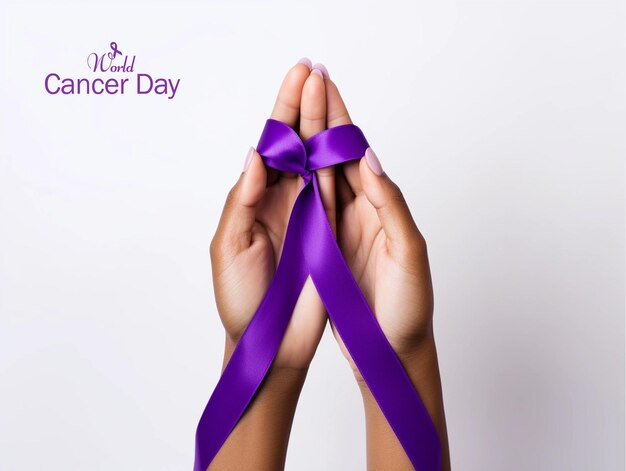 Welt-Krebs-Tag-Close-Up-Person, die ein lila Band hochhält