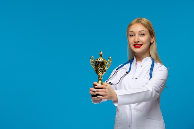 Weltärztetag lächelnder süßer junger Arzt mit goldener Trophäe und dem Stethoskop im Arztkittel