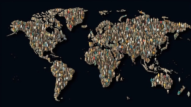Weltbevölkerungstag Eine Gruppe von Menschen auf der Karte des Planeten Erde mit von der KI generierten Kontinenten