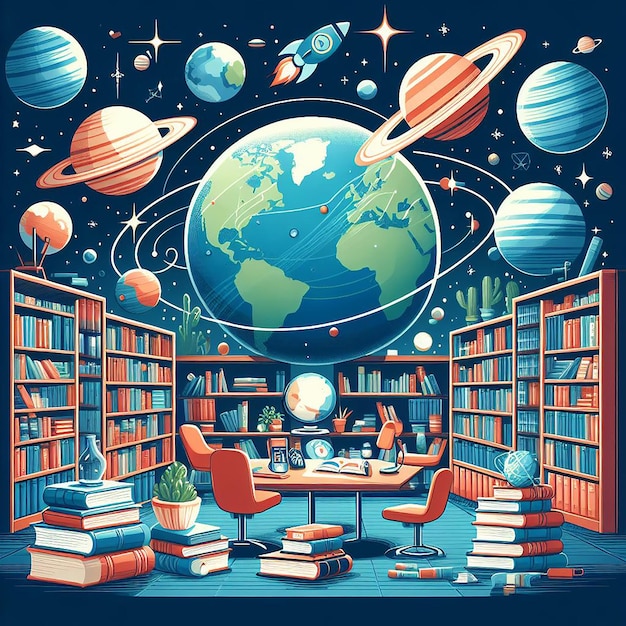 Weltbuchtag Bibliothek mit Planeten und Büchern