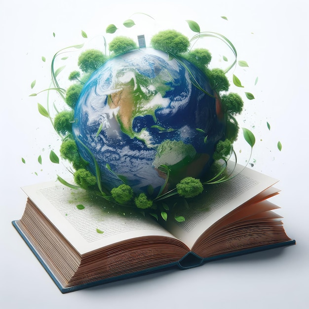 Weltbuchtag Erde kommt aus einem Buch, das auf einem weißen Hintergrund isoliert ist