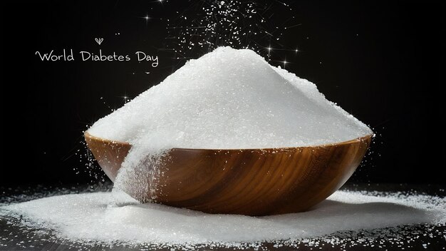 Weltdiabetestag Zucker in einer Holzschüssel auf dunklem Hintergrund