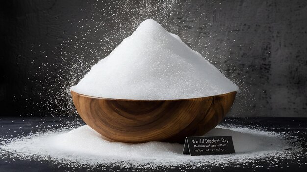 Weltdiabetestag Zucker in einer Holzschüssel auf dunkler Oberfläche
