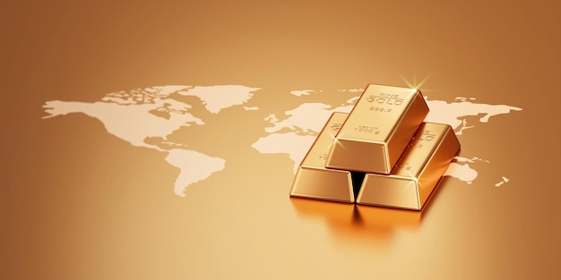 Weltfinanzwirtschaft des globalen Investmentgeschäfts Goldbarren auf dem Hintergrund des Reichtumsmarktes 3d mit internationalem Finanz- oder Devisenpreis der goldenen Währung und reichem Symbol des Erfolgsgeldgewinns