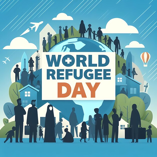 Weltflüchtlingstag ein Plakat für den Welttag mit Menschen in einem Kreis und einem blauen Hintergrund mit Menschen