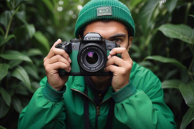 Weltfotografie-Tag Grüner Fotograf mit Kamera