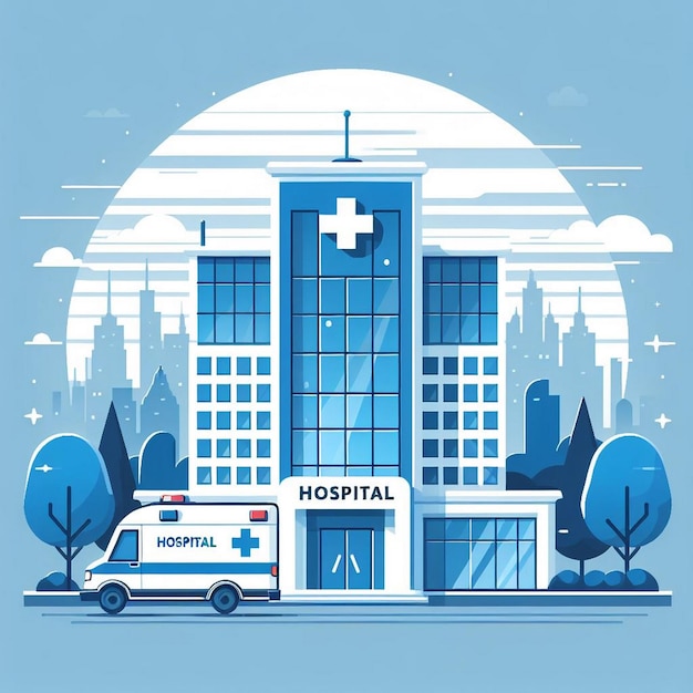 Weltgesundheitstag Ambulanz-Amp-Krankenhaus-Szene Modernes blaues Krankenhausgebäude