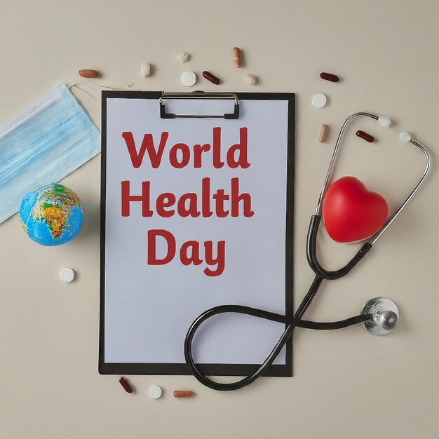 Weltgesundheitstag Clipboard mit Stethoskop Herz Planet Erde medizinische Maske und Pillen auf Licht