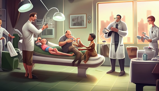 Weltgesundheitstag der Schlüssel zum globalen Wellness-Cartoon-Arzt, der Patienten behandelt