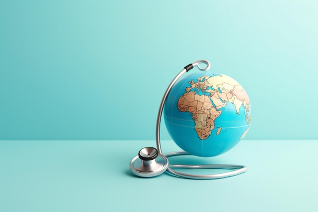 Weltgesundheitstag Stethoskop rund um den Globus auf blauem Hintergrund