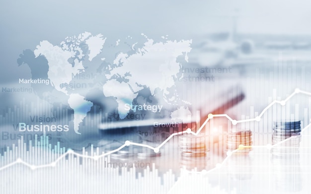 Weltkarte auf abstrakten Geschäftshintergrundmünzen und Taschenrechner-Doppelbelichtungsdiagramm und -diagramm