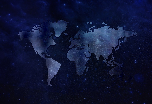 Weltkarte auf dunklem Nachthimmel für Hintergrund- oder Hintergrundbanner zeigen globales Geschäft, Weltatlas, weltweites Geschäft, Reisekarte, Erde im Weltraum. Runder Punkt in der Weltkarte scharf auf Platz für den Hintergrund.