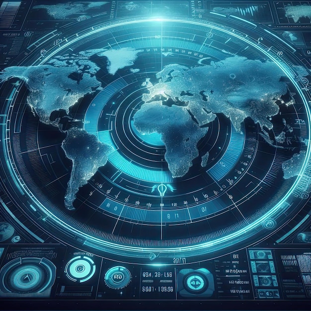 Foto weltkarte des geländes mit radar-schnittstellenkonzept der kommunikation