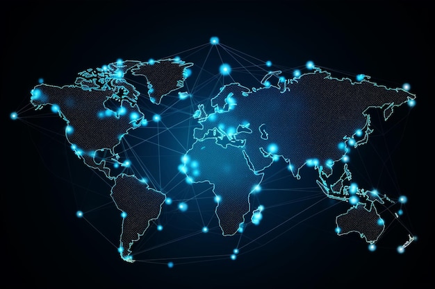 Weltkarte mit globalem technologischem sozialem Verbindungsnetzwerk mit Lichtern und Punkten