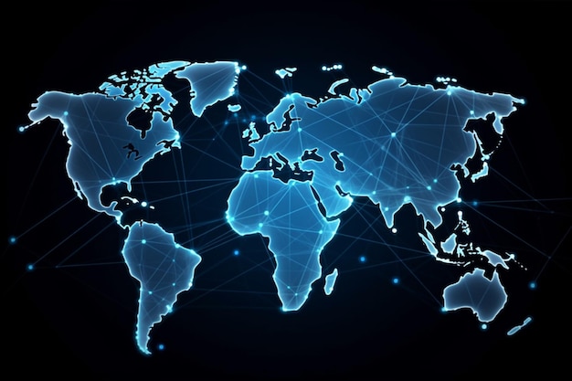 Weltkarte mit globalem technologischem sozialem Verbindungsnetzwerk mit Lichtern und Punkten