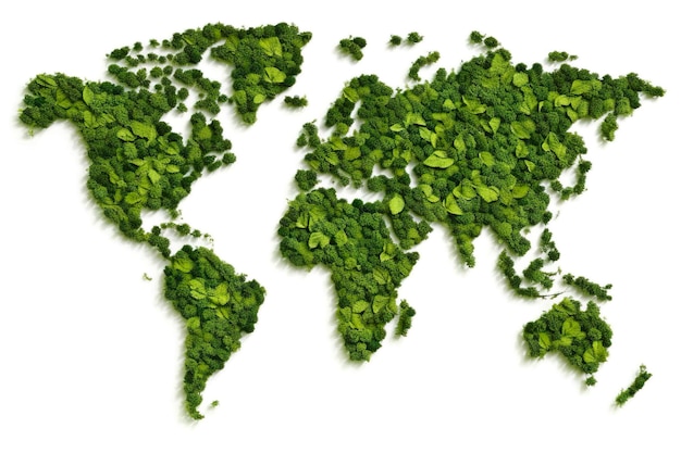 Weltkarte mit grünen Blättern isoliert auf weißem Hintergrund Weltkarte Green Planet Earth Day oder Umwelttag Konzept Weltforsttag AI Generativ