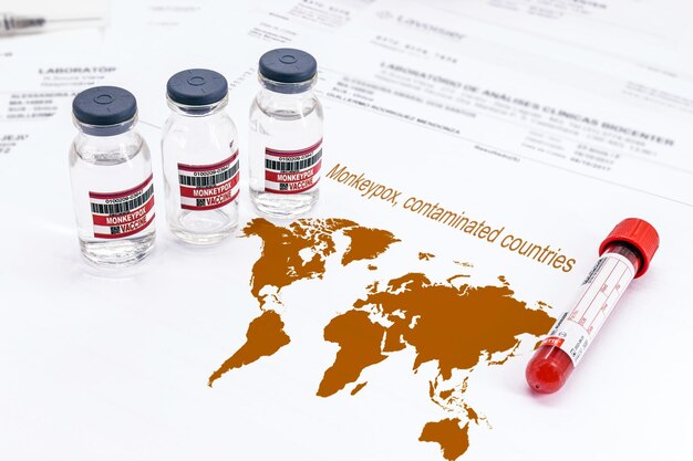Weltkarte mit Monkeypox-Virus-Fortschritt kopieren Weltraumlabortest mit kontaminiertem Blut und Impfstoffen daneben
