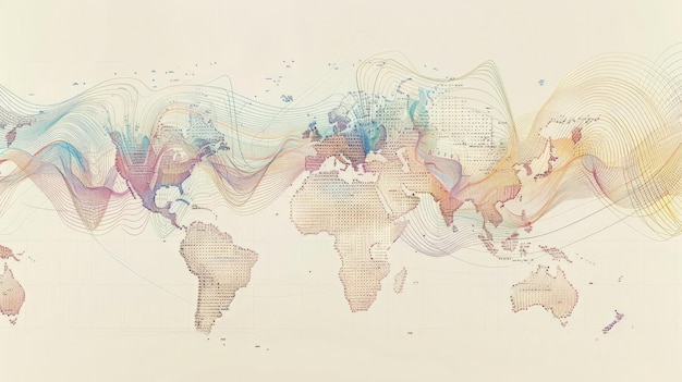 Weltkarte mit Verbindungslinien und Bevölkerungswachstumsdiagrammen für den Weltbevölkerungstag, die globale Verbindungen zeigen