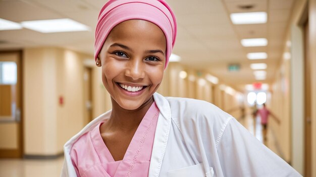 Weltkrebs-Krebs-Tag Porträt einer glücklichen Frau im Krankenhaus Kopftuch Krebs-Überlebende