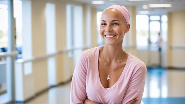 Foto weltkrebs-krebs-tag porträt einer glücklichen frau im krankenhaus kopftuch krebs-überlebende