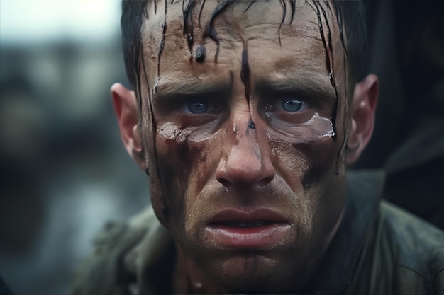 Weltkriegssoldat mit einem mit Schmutz und Blut bedeckten Gesicht intensiver Blick dramatisches Porträt