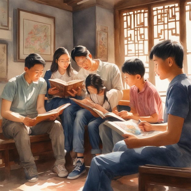 Weltlehrertag Zurück in die Schule vier chinesische Schüler lesen zusammen mit einem kaukasischen Amerikaner