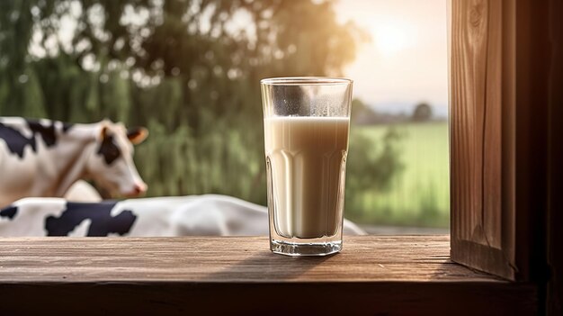 Weltmilchtag Milchflasche oder Glas auf Holztisch Generative KI