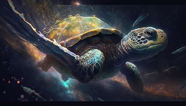 Foto weltraum-schildkröte im weltraum gottähnliche kreatur kosmische ehrfurcht inspirierende verträumte digitale illustration generative ai