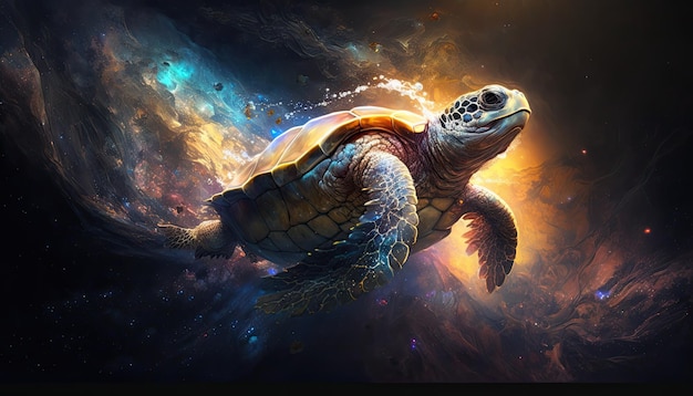 Weltraum-Schildkröte im Weltraum Gottähnliche Kreatur kosmische Ehrfurcht inspirierende verträumte digitale Illustration Generative ai