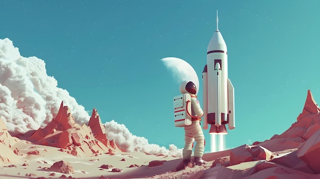 Foto weltraumfotografie realistische landschaft eines raumschiffs und eines astronauten