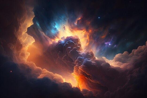 Weltraumhintergrund mit Galaxie und Nebel in blauen und orangefarbenen Wolken. Neuronales Netzwerk, KI generiert