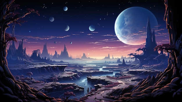 Weltraumhintergrund mit Landschaft eines fremden Planeten