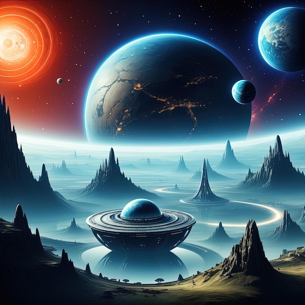 Weltraumlandschaft mit außerirdischen Planeten und Planeten außerirdischer Planeten im tiefen Weltraum 3D-Illustration