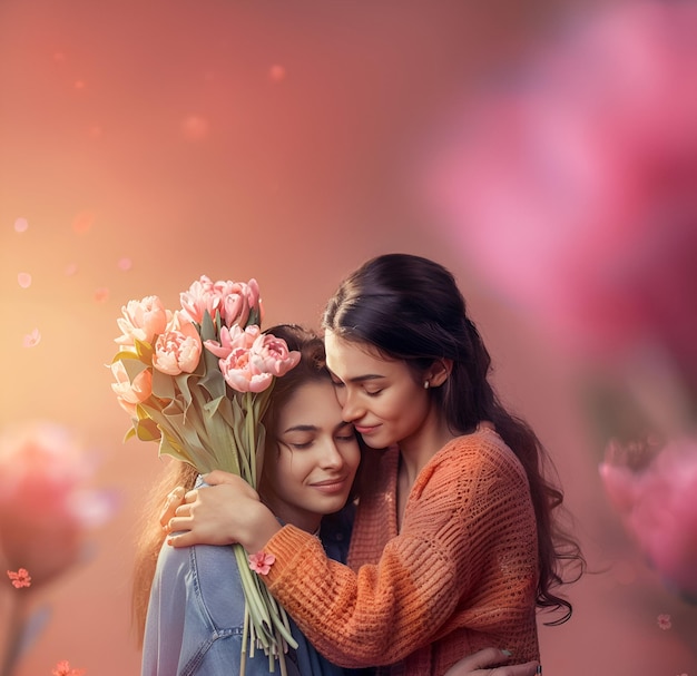 Weltraumposter-Banner-Design zum Muttertag mit glücklicher Mutter und Tochter, die Blumen halten