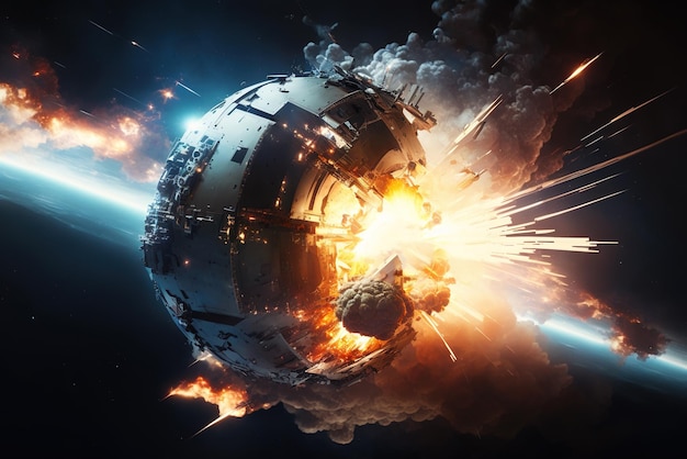 Weltraumsatellit explodiert im Erdorbit Raumschiff wurde angegriffen Illustration generative KI