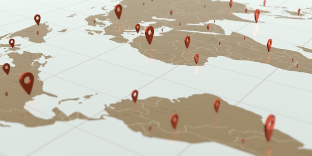 Weltreisekartenstift auf Weltkarte globale globale Geschäftskommunikation 3D-Darstellung