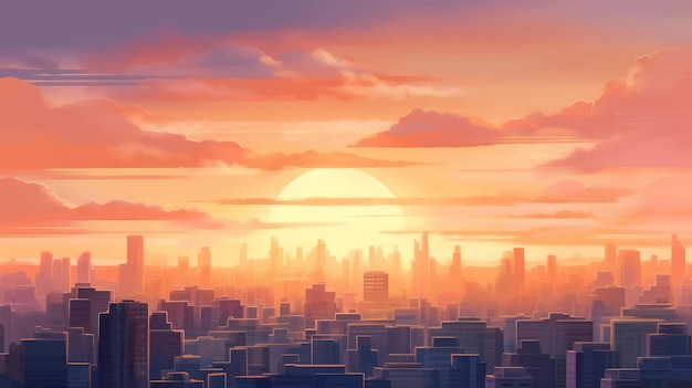 Weltstädtetag-Konzept Sonnenuntergangshimmel mit generativer KI auf dem Dach der Stadt