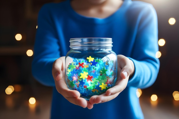 Welttag der Awareness-Bewusstsein für Autismus mit einem Glas mit Puzzle-Fragmenten