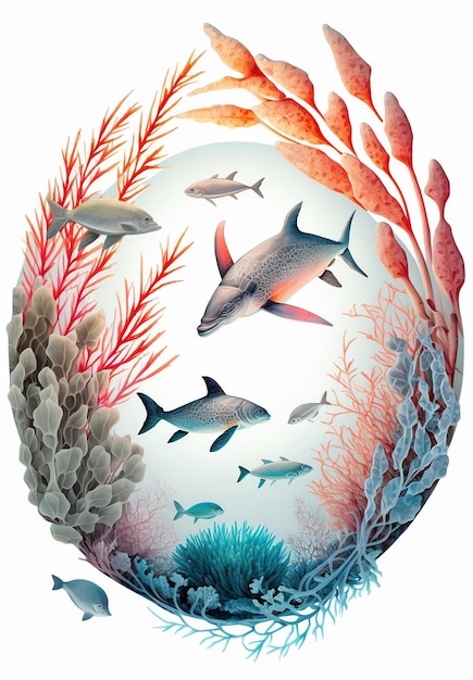 Welttag der Ozeane Unterwasserozean Delphine Haie Korallen Meerespflanzen Stachelrochen und Schildkröten AI Gen
