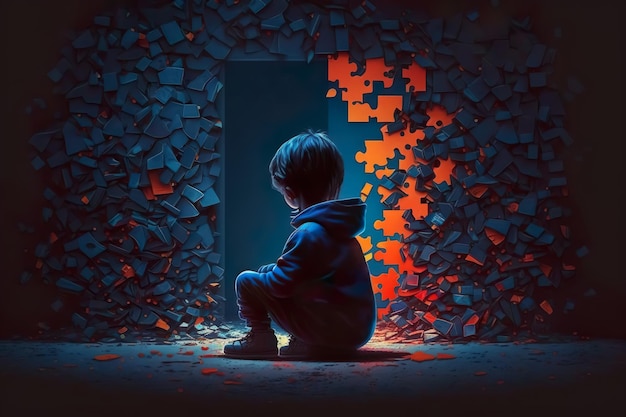 Welttag des Autismus-Bewusstseins Kleiner Junge sitzt vor der Wand aus Puzzleteilen Konzept für Kinderautismus Generative KI