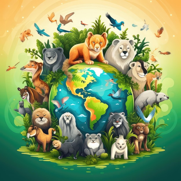 Welttierdagsbanner mit auf der Erde stehenden wilden Tieren