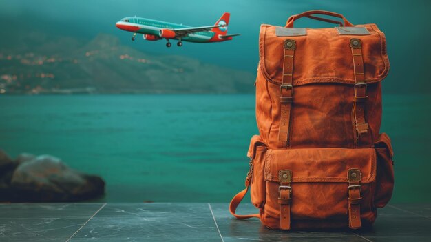 Welttourismustag-Rucksack mit einem Flugzeug auf farbigem Hintergrund