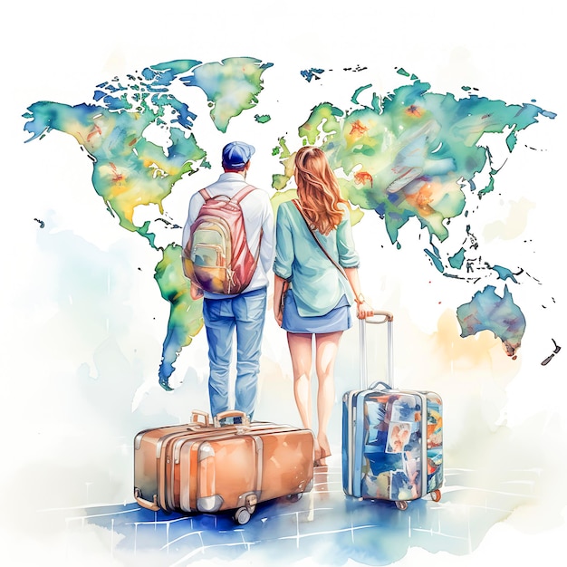 Welttourismustag Urlaub Aquarell-Illustration eines Paares mit Rucksack, das auf Reise geht