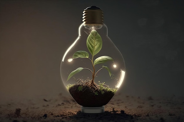 Weltumwelt- und Erdtagskonzept mit Pflanzen, die in einer Glühbirne auf dunklem Hintergrund wachsen Umweltfreundliche Umgebung Generative KI