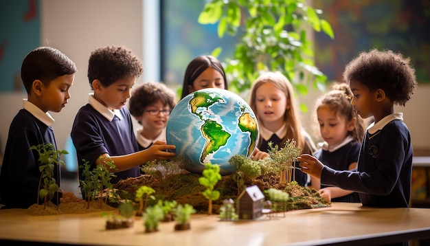 Foto weltumwelttag ein foto von kindern in einem klassenzimmer, die mit einem modellglobus interagieren